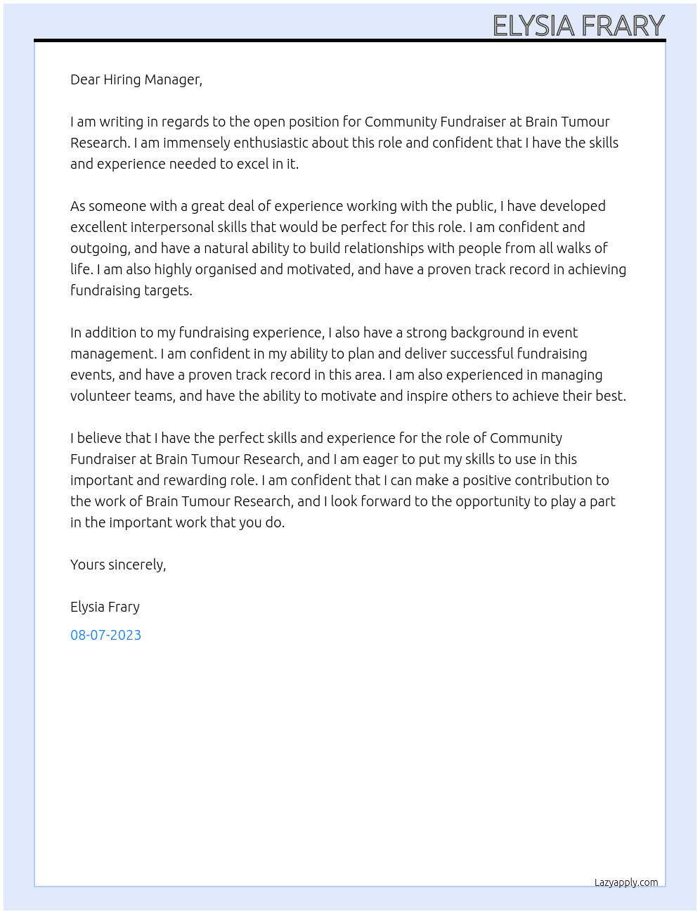 Community fundraiser At Brain Tumour Research  Cover Letter