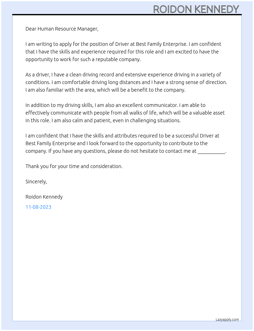 Driver  At Best Family Enterprise Cover Letter