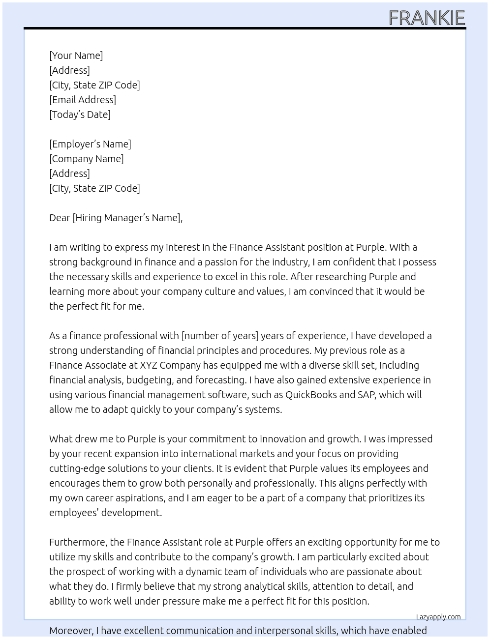 Finance Assistant  At Purple Cover Letter