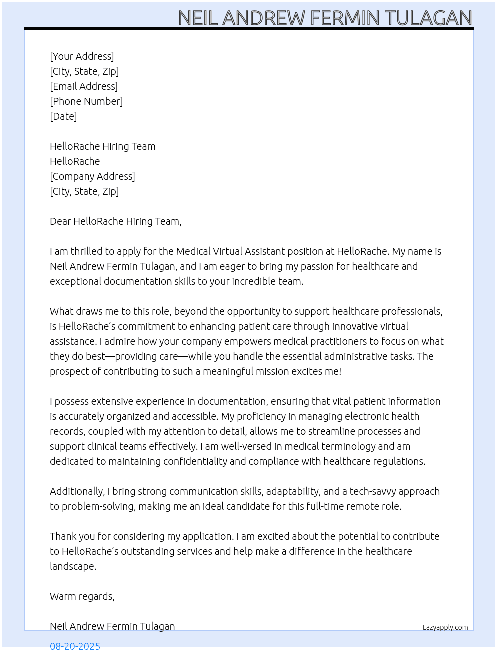 Medical Virtual Assistant At HelloRache Cover Letter