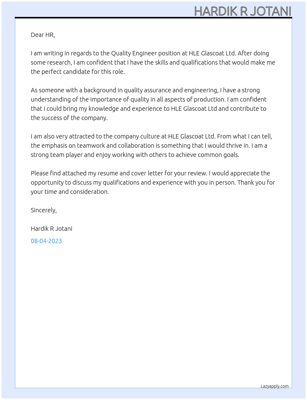 Quality Engineer At HLE Glascoat Ltd. Cover Letter