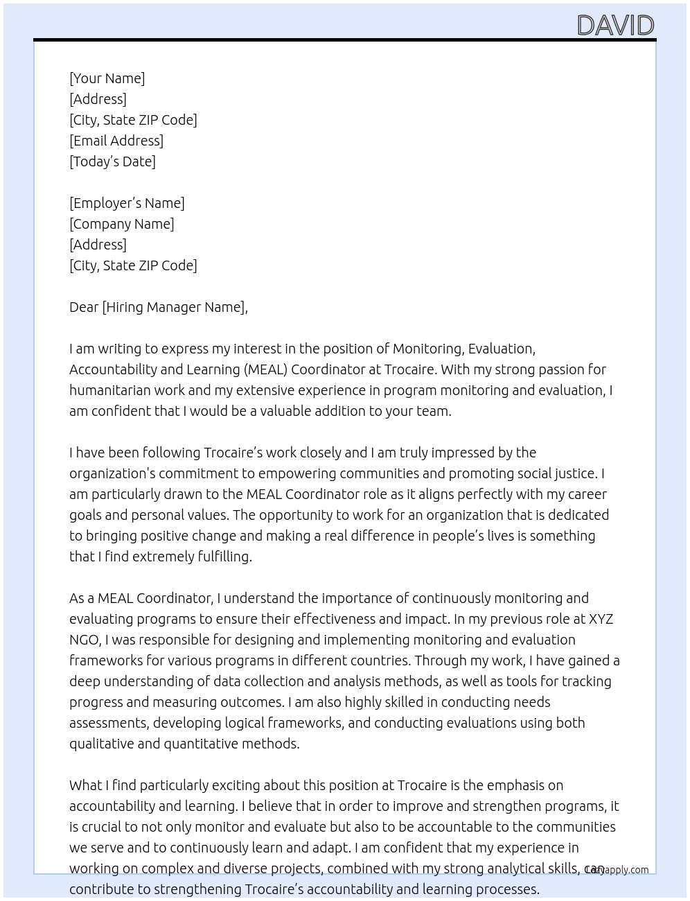 Monitoring, Evaluation, Accountability and Learning (MEAL)Coordinator At Trocaire Cover Letter