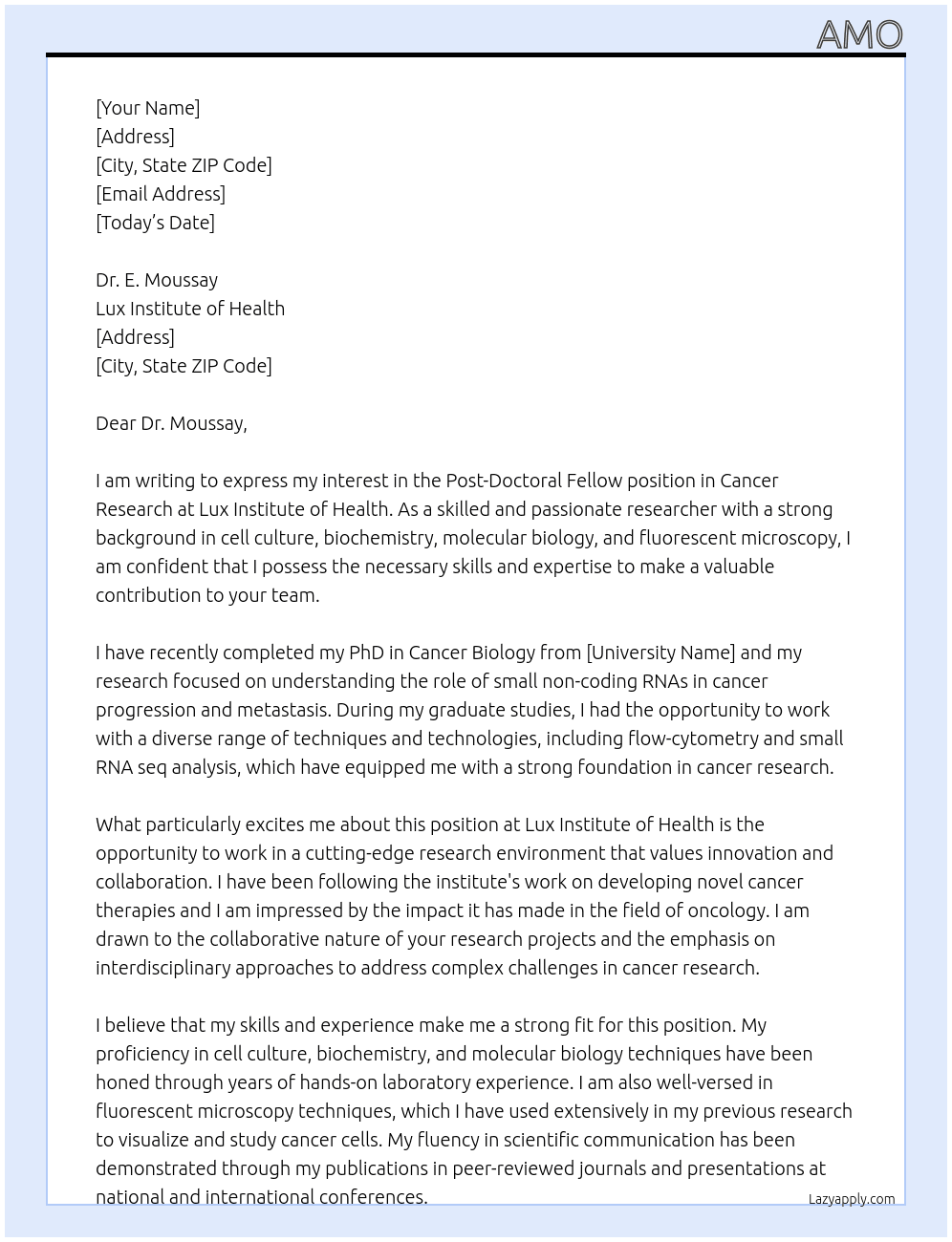 POST-DOCTORAL FELLOW IN CANCER RESEARCH At Lux inst of Health Cover Letter