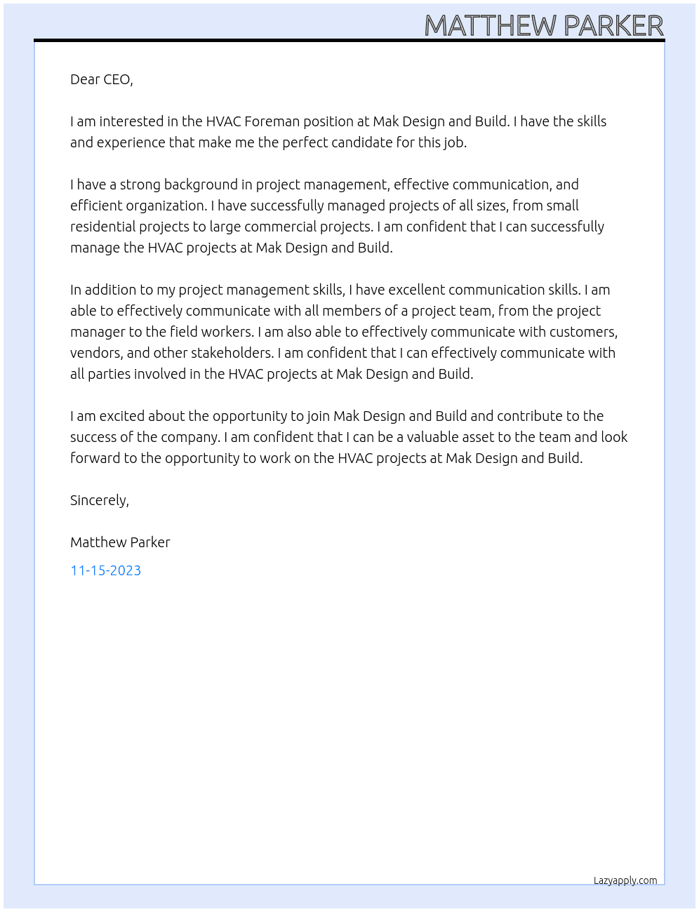 HVAC Foreman At Mak Design and Build Cover Letter