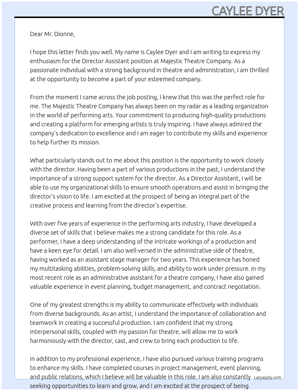 director assistant At Majestic Theatre Company Cover Letter