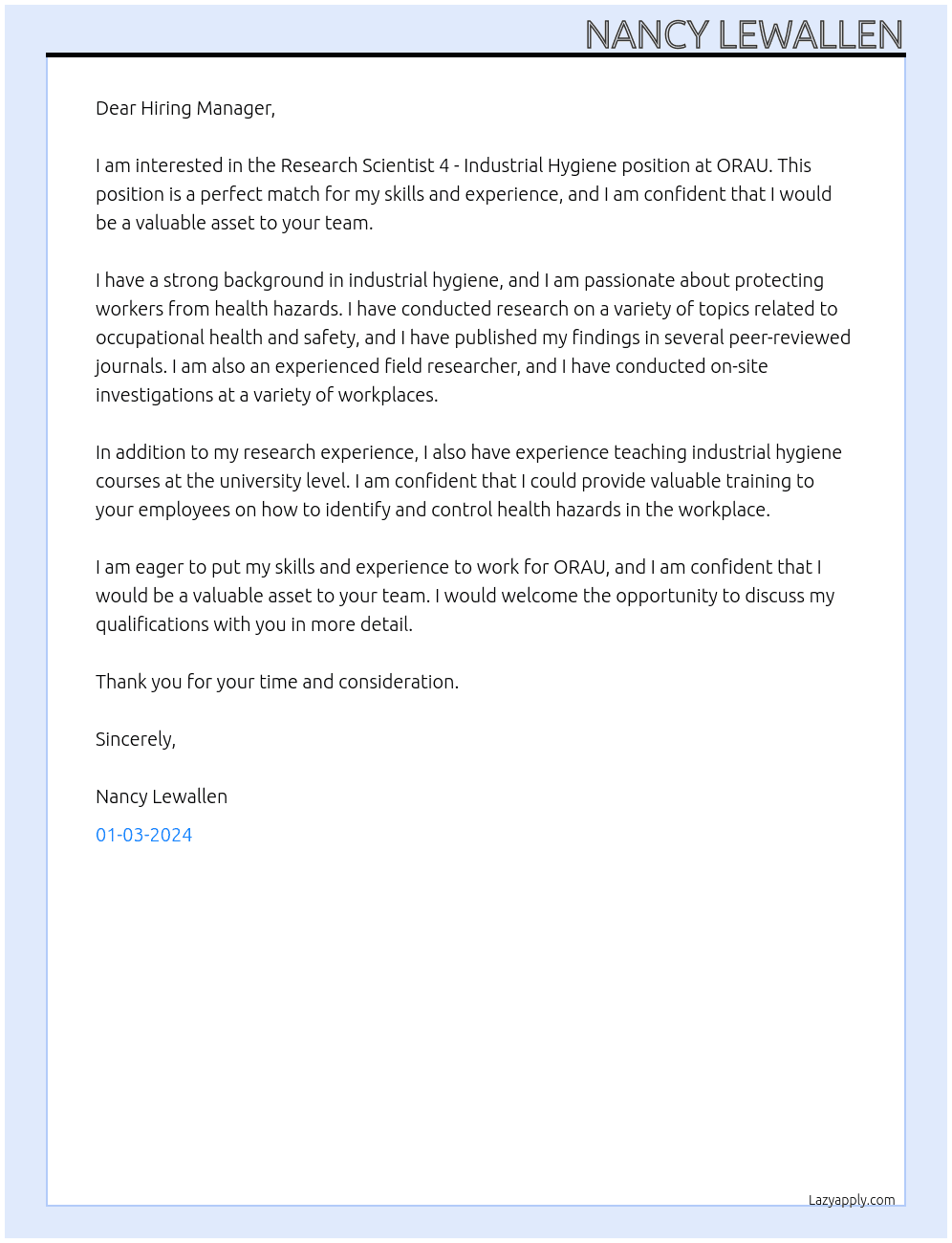 Research Scientist 4 - Industrial Hygiene At ORAU Cover Letter