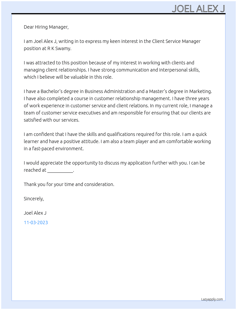 Client Service Manager At R K Swamy Cover Letter