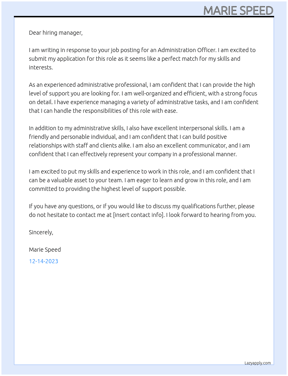 Administration Officer  At Troocoo Cover Letter