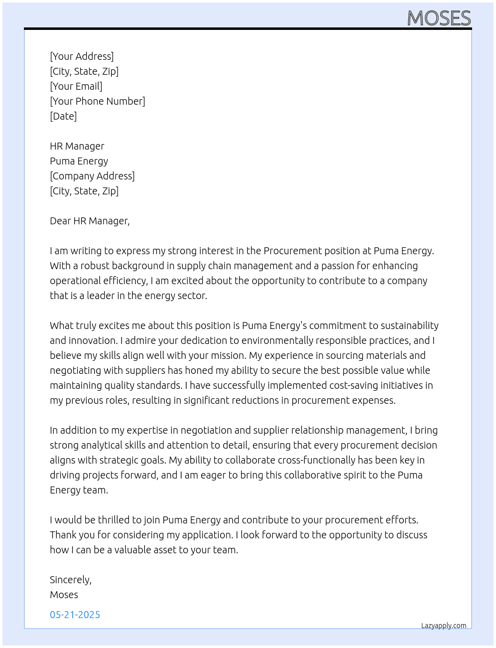 Procurement At Puma Energy Cover Letter