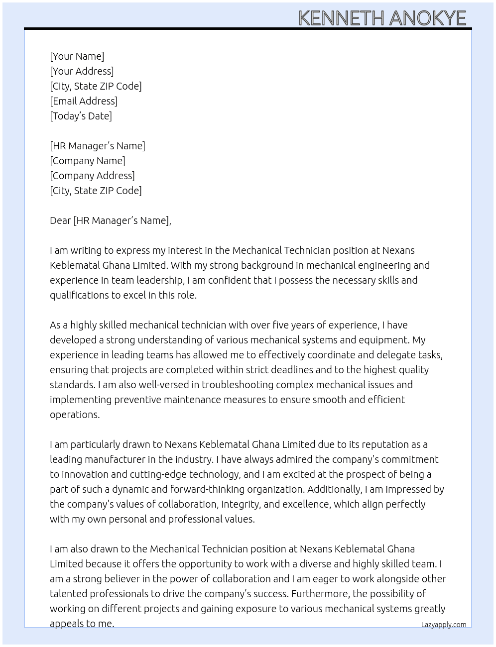 Mechanical Technician  At Nexans Keblematal Ghana limited  Cover Letter