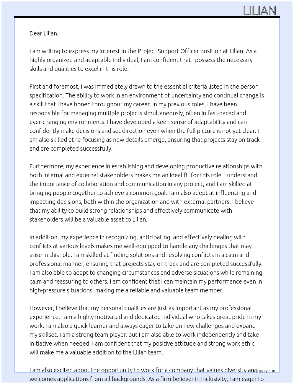 Project support officer At Lilian  Cover Letter