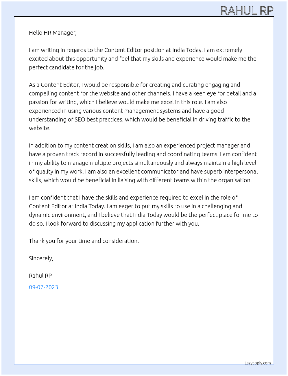 Content Editor At India Today Cover Letter