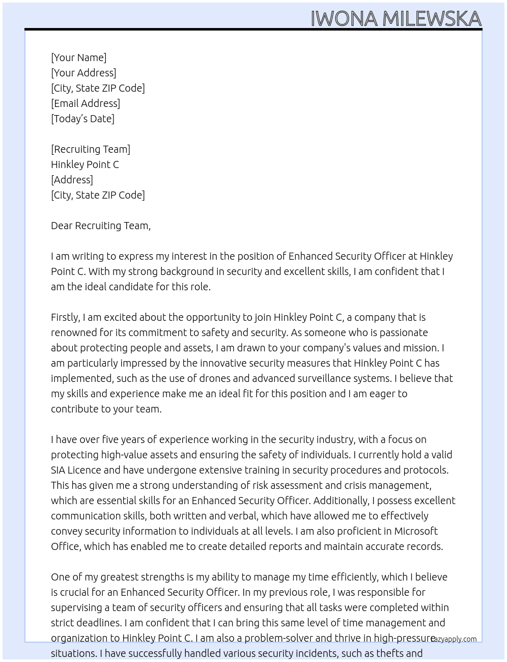 Enhanced Security Officer At Hinkley Point C Cover Letter