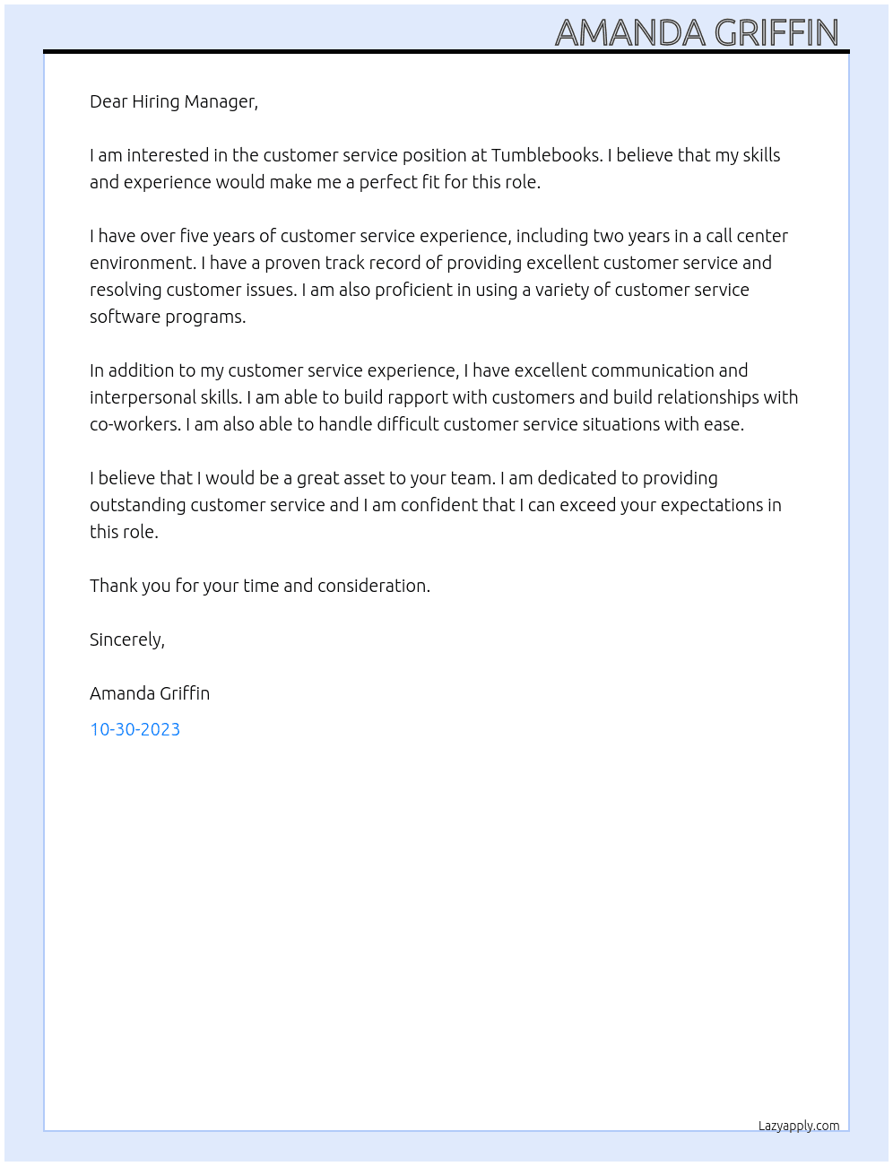 customer service At Tumblebooks Cover Letter
