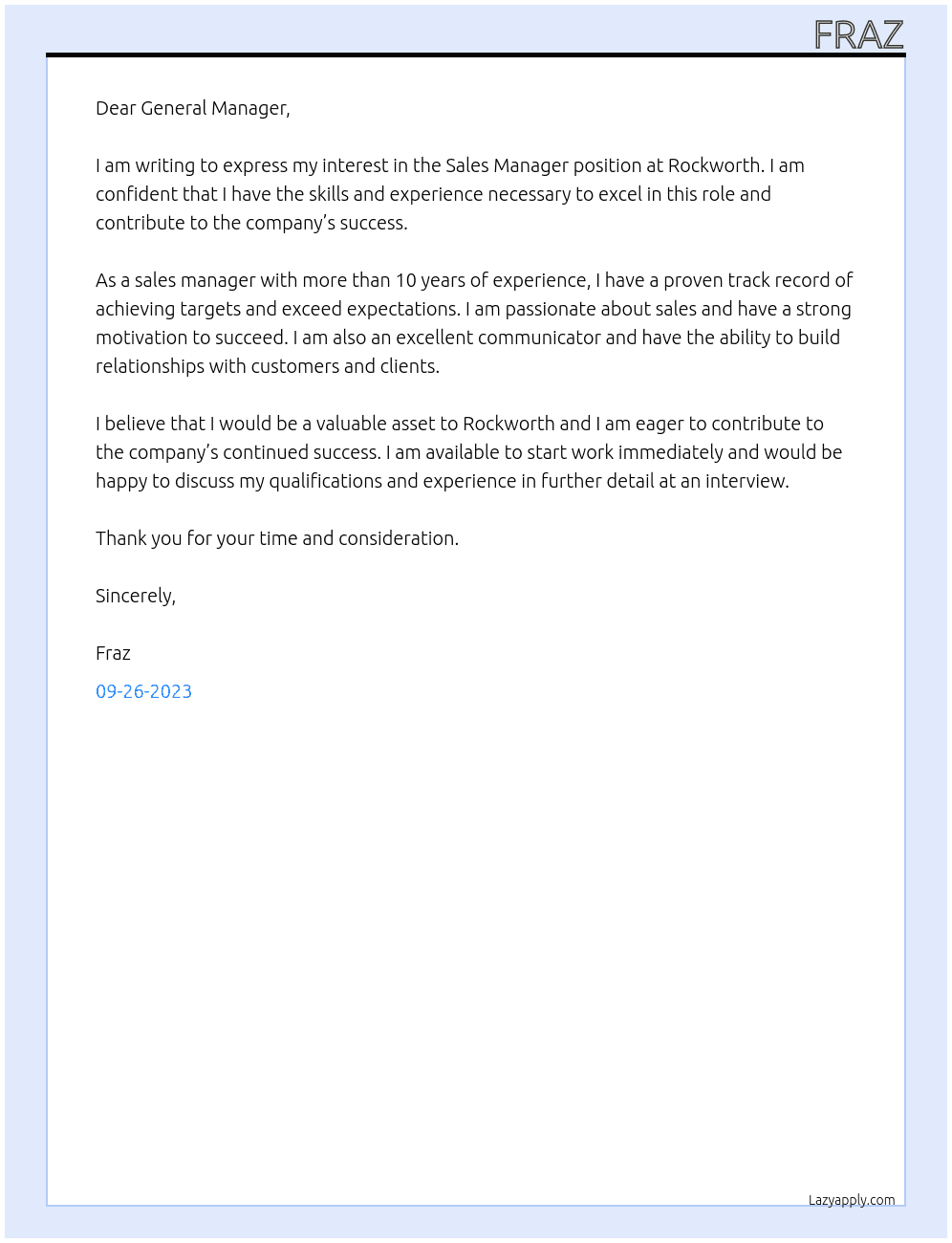 Sales manager  At Rockworth Cover Letter