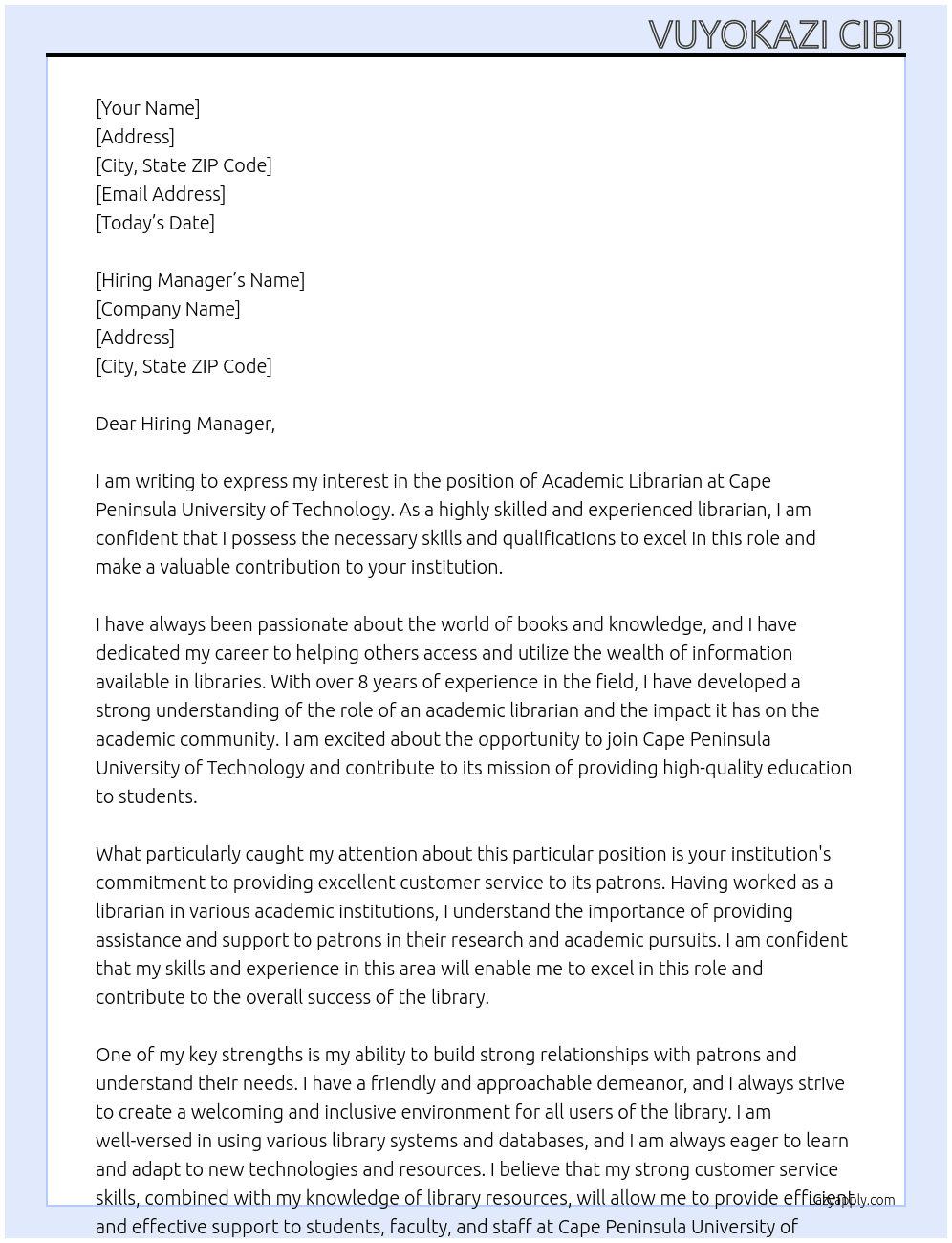 Academic librarian At Cape pennsula university of technology Cover Letter