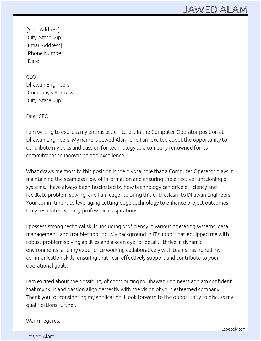 Computer Operator  At Dhawan engineers Cover Letter