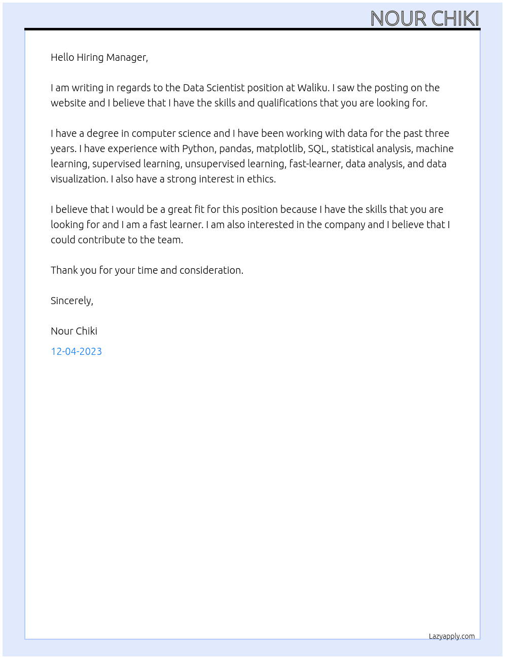 Data Scientist At Waliku Cover Letter