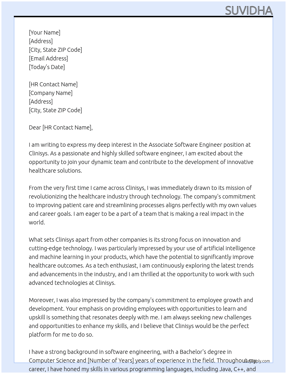 assosiate software engineer At .clinisys Cover Letter