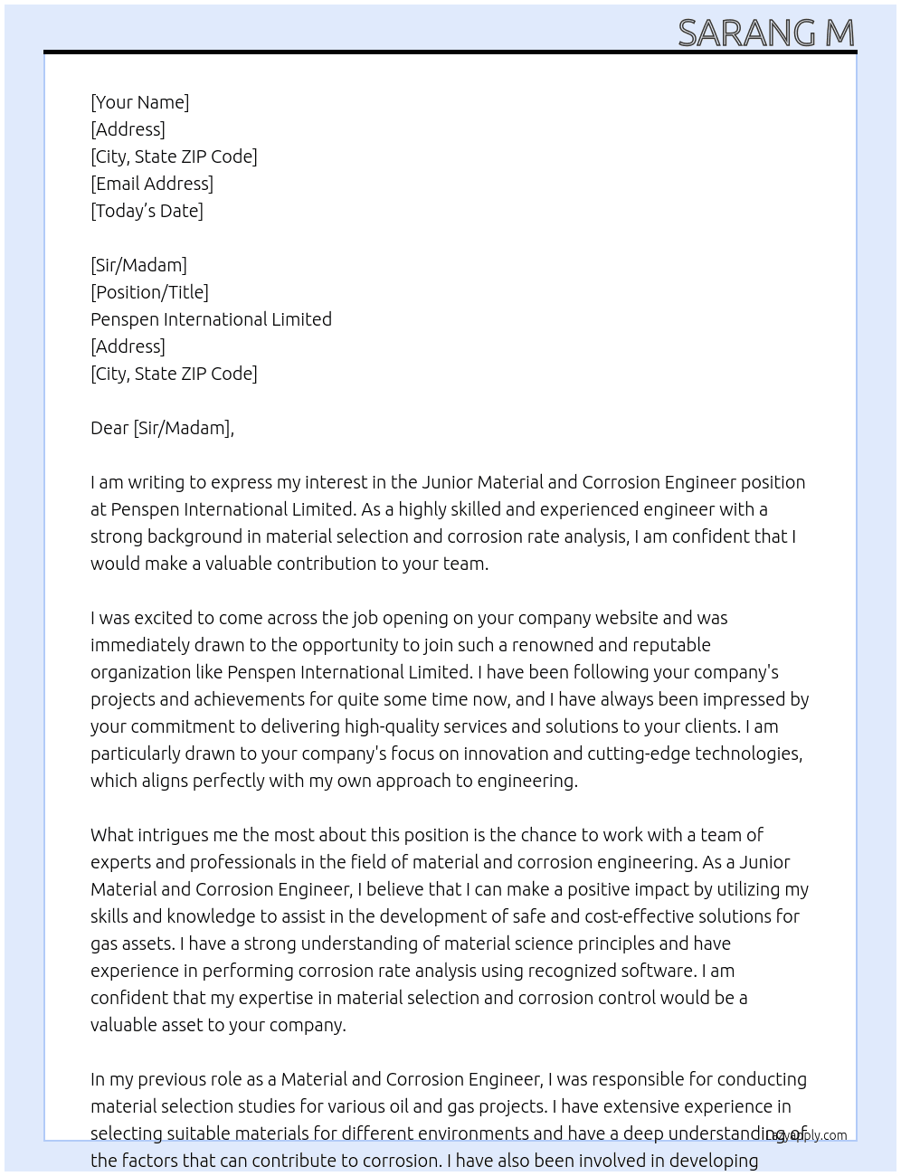 Junior Material and corrosion engineer At Penspen International Limited  Cover Letter