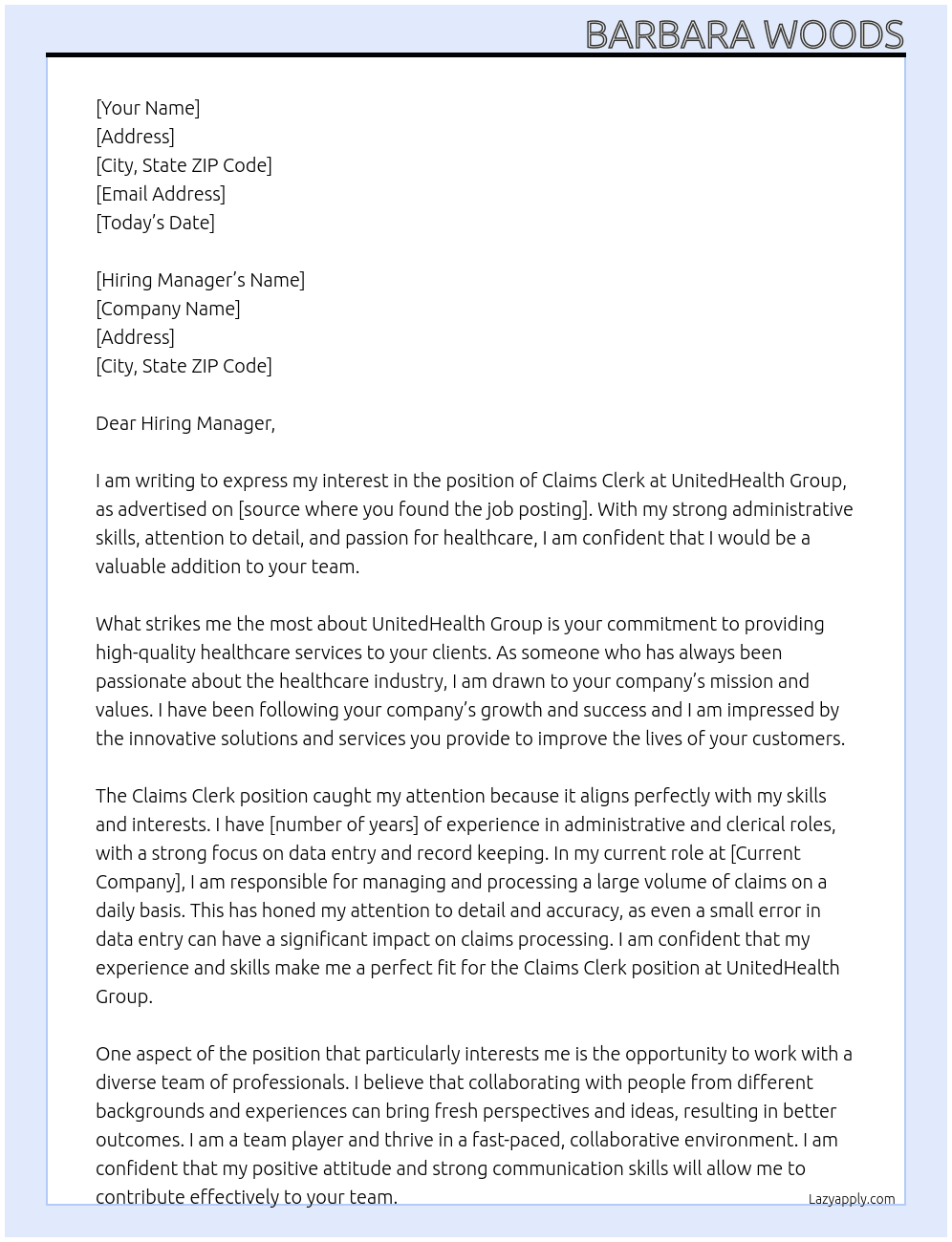 Claims Clerk At UnitedHealth Group Cover Letter