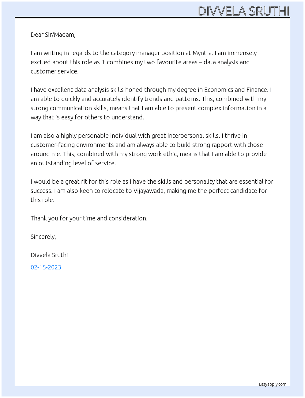 category manager At myntra Cover Letter