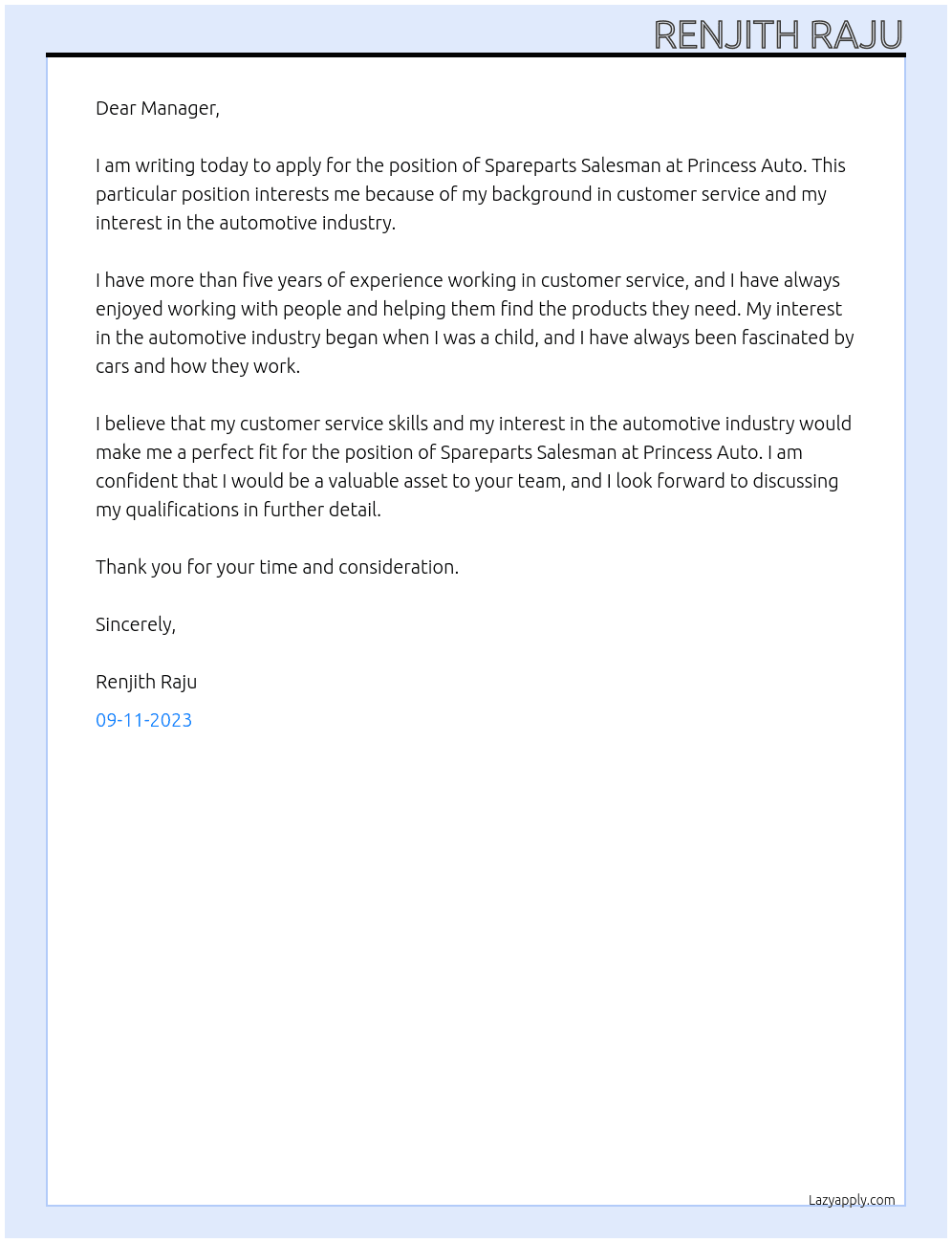 SPAREPARTS SALESMAN At PRINCESS AUTO Cover Letter