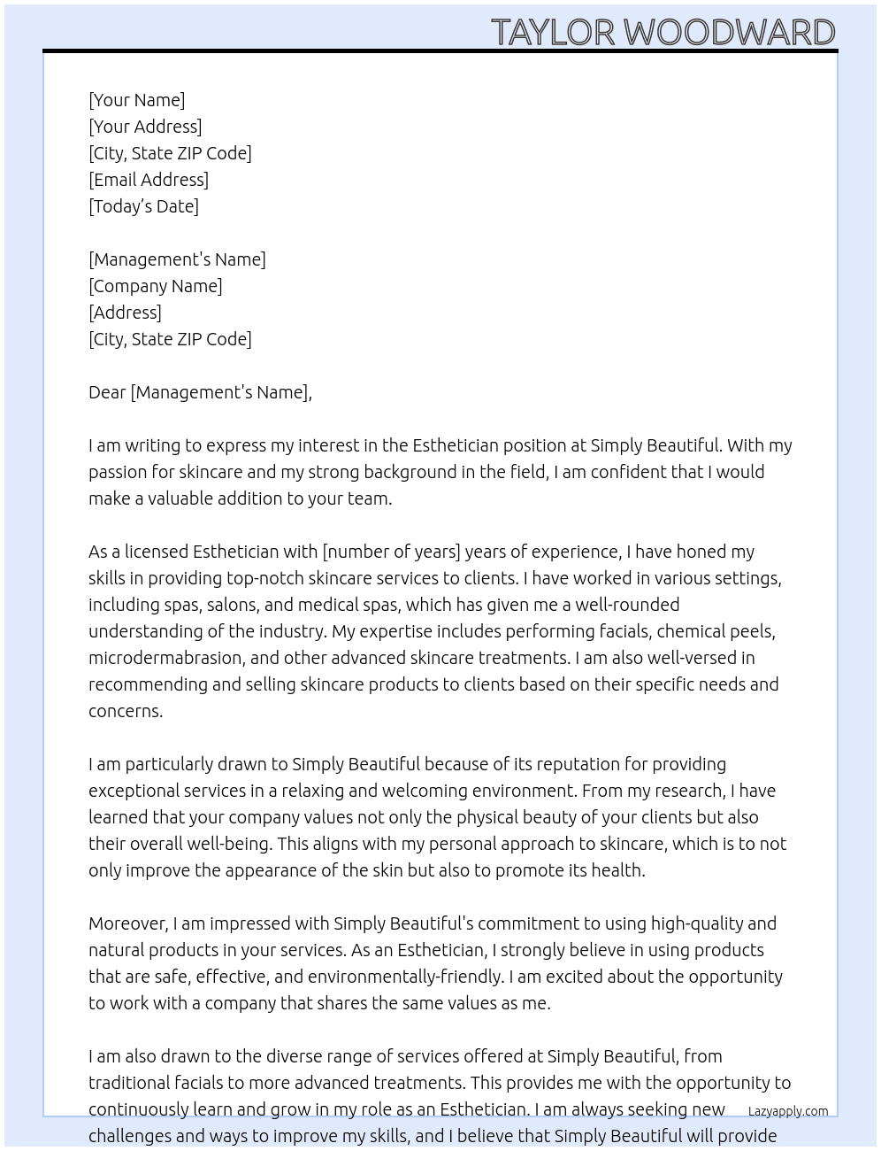 Esthetician At Simply beautiful Cover Letter