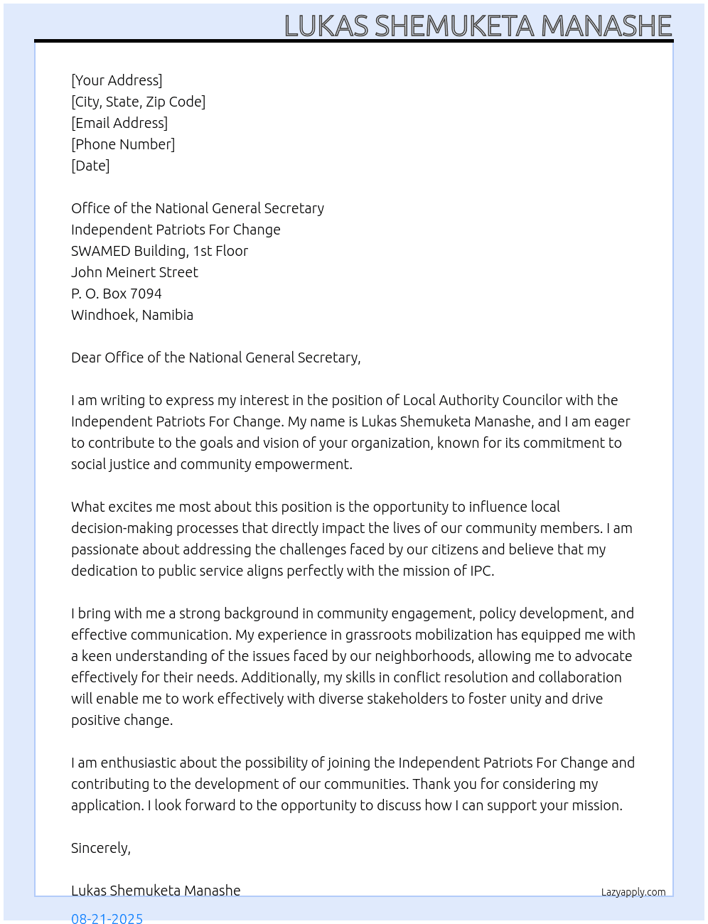 Local Authority Councilor At Independent Patriots For Change Cover Letter