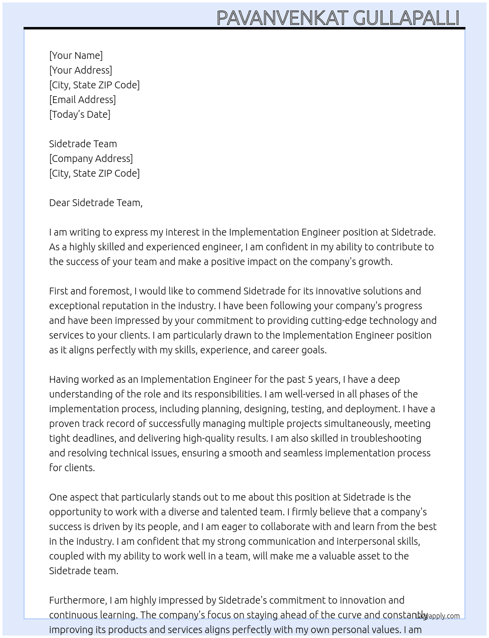 Cover letter for implementation engineer - LazyApply