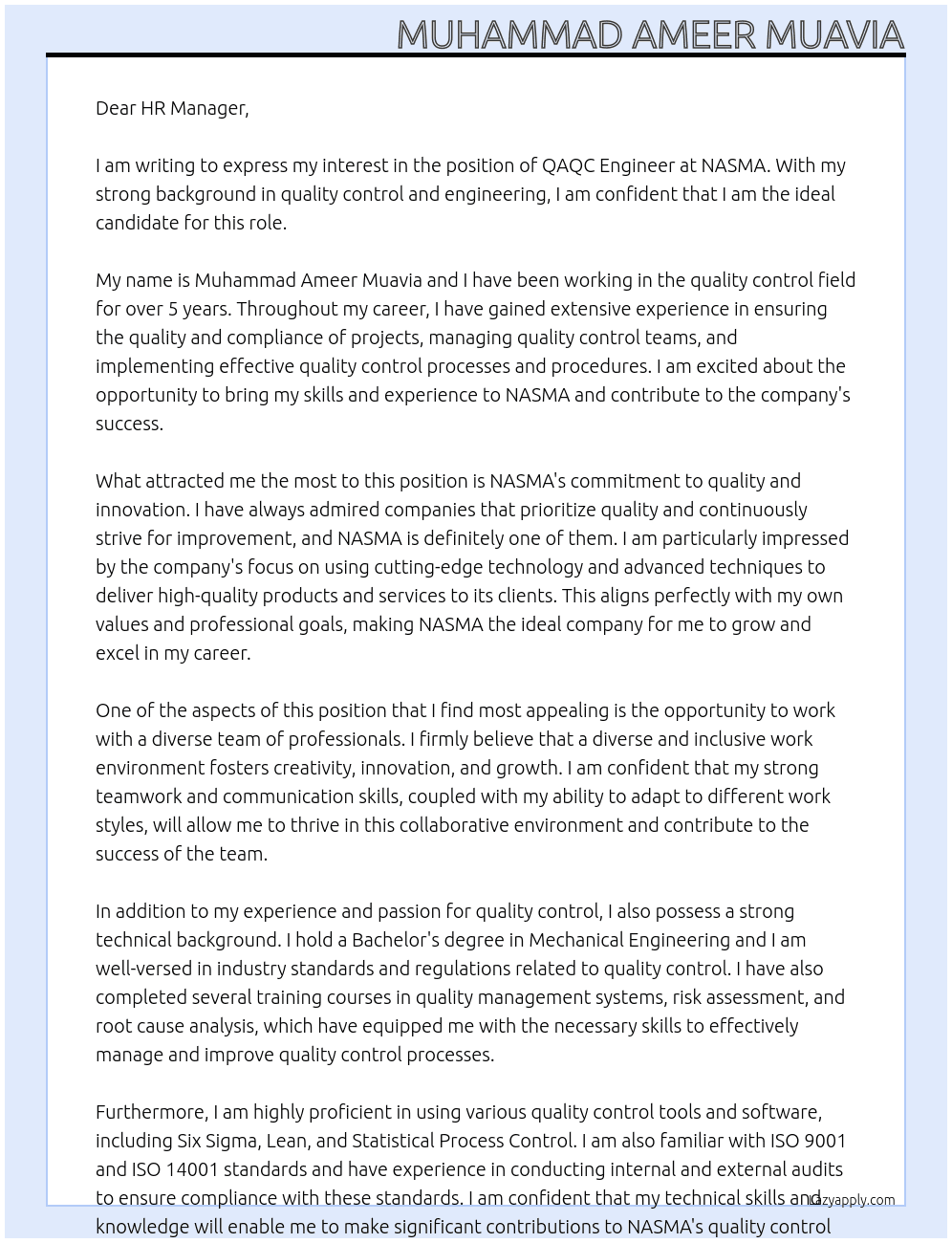 QAQC Engineer At nasma Cover Letter