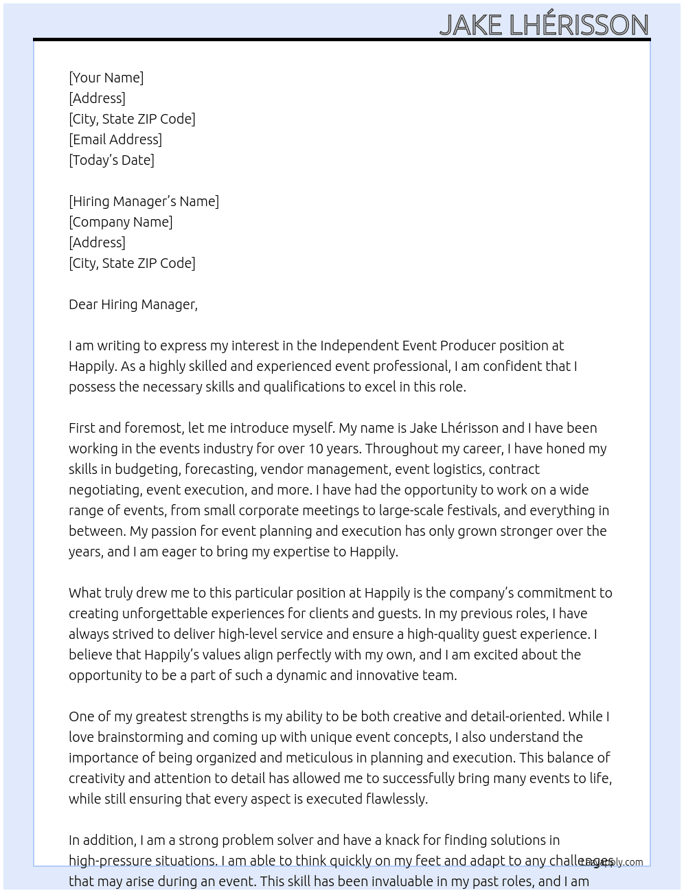 Independent Event Producer At Happily Cover Letter