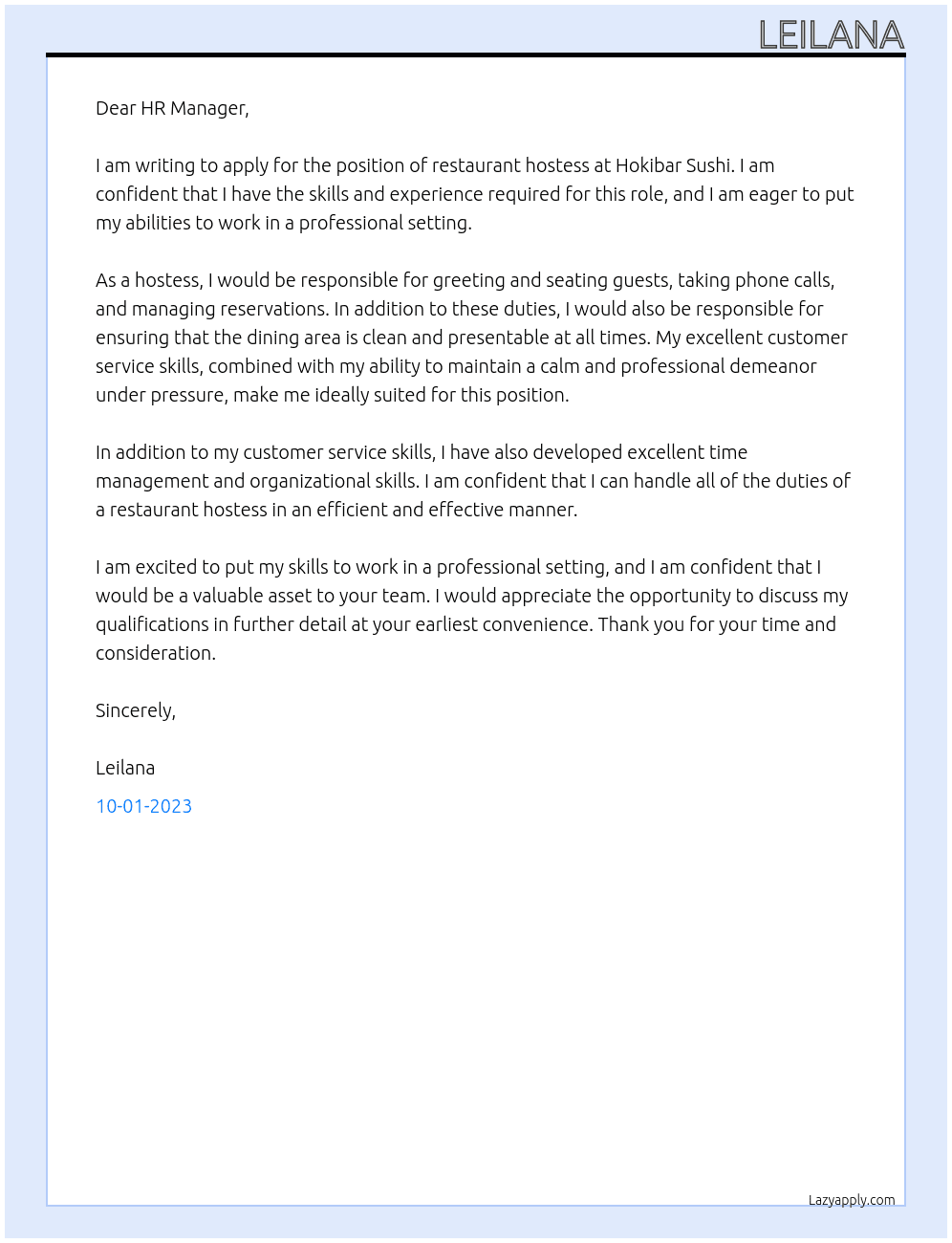 Cover letter for restaurant hostess - LazyApply