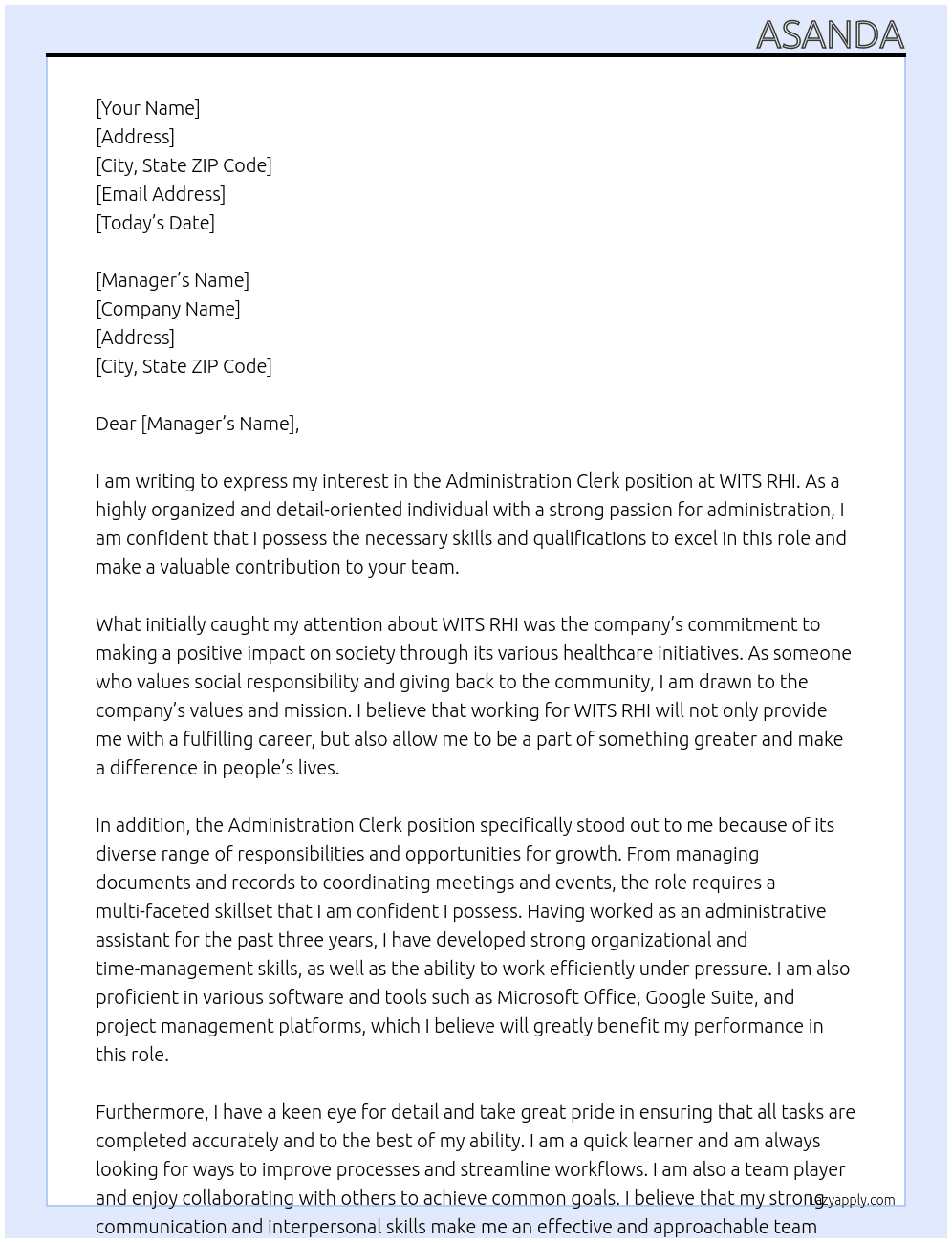 Administration Clerk At WITS RHI Cover Letter