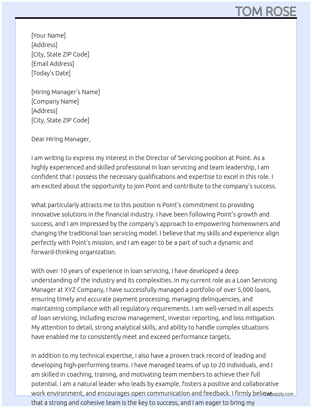 Director of Servicing At Point Cover Letter