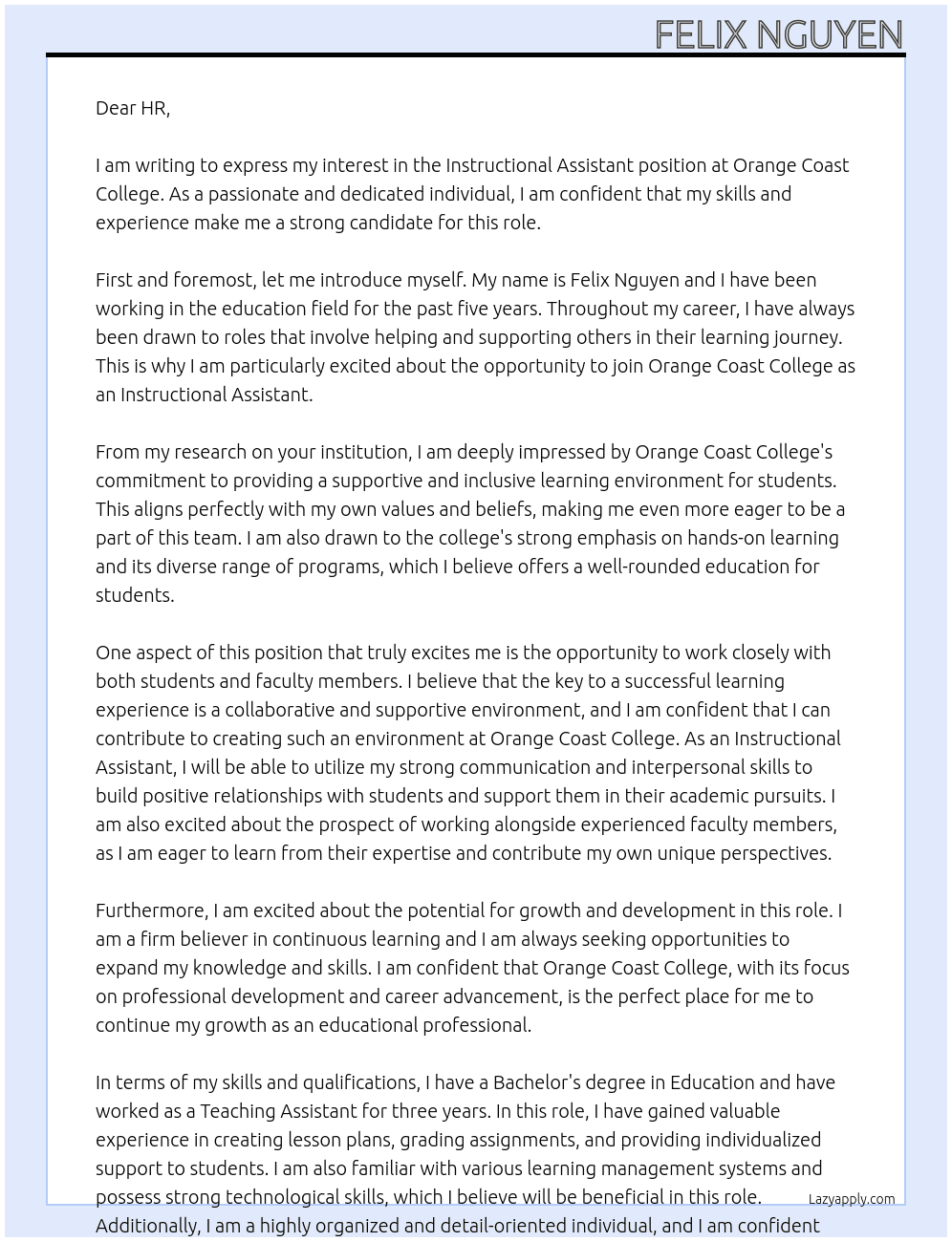 Instructional Assistant At Orange Coast College Cover Letter