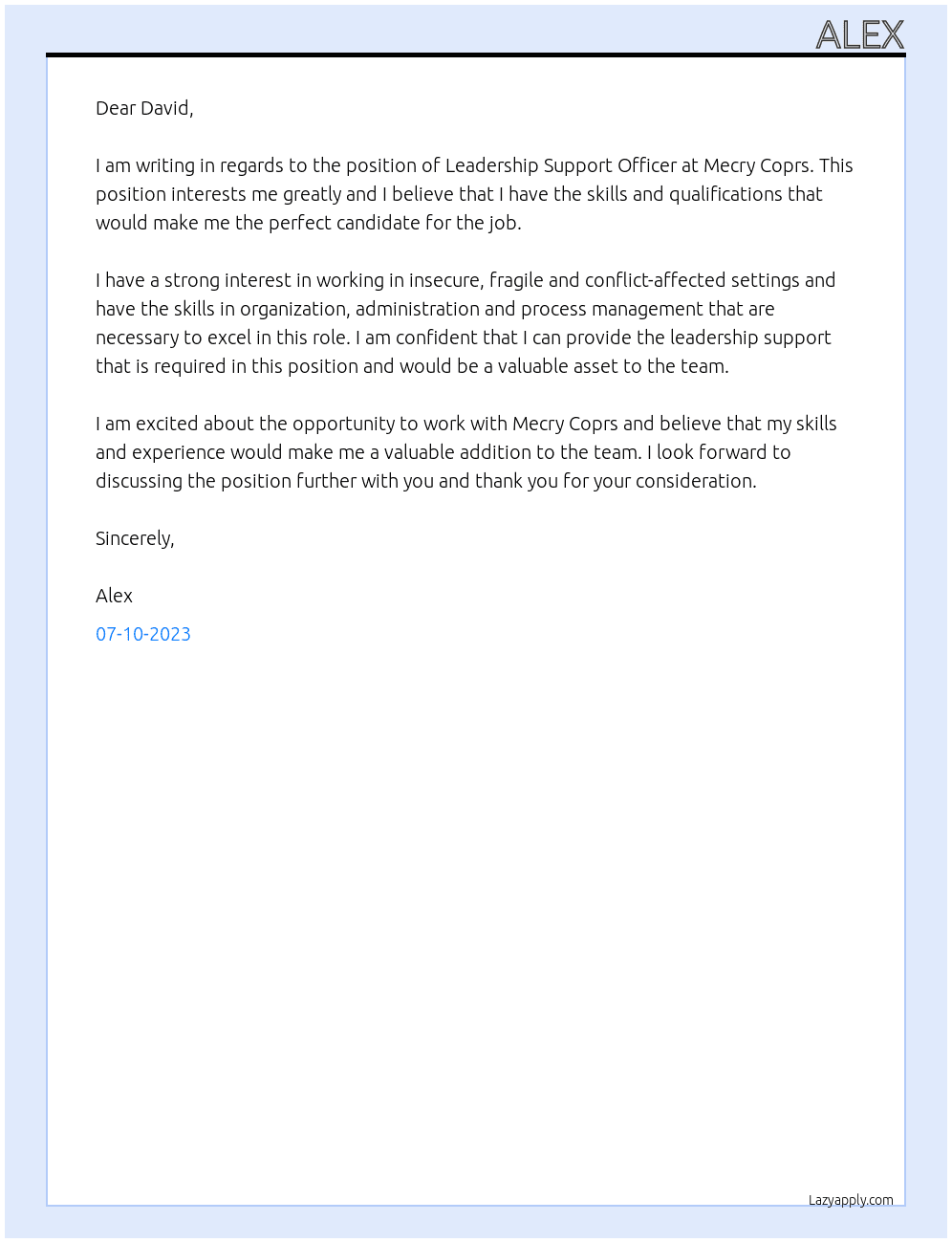 Leadership Support Officer At Mecry Coprs Cover Letter