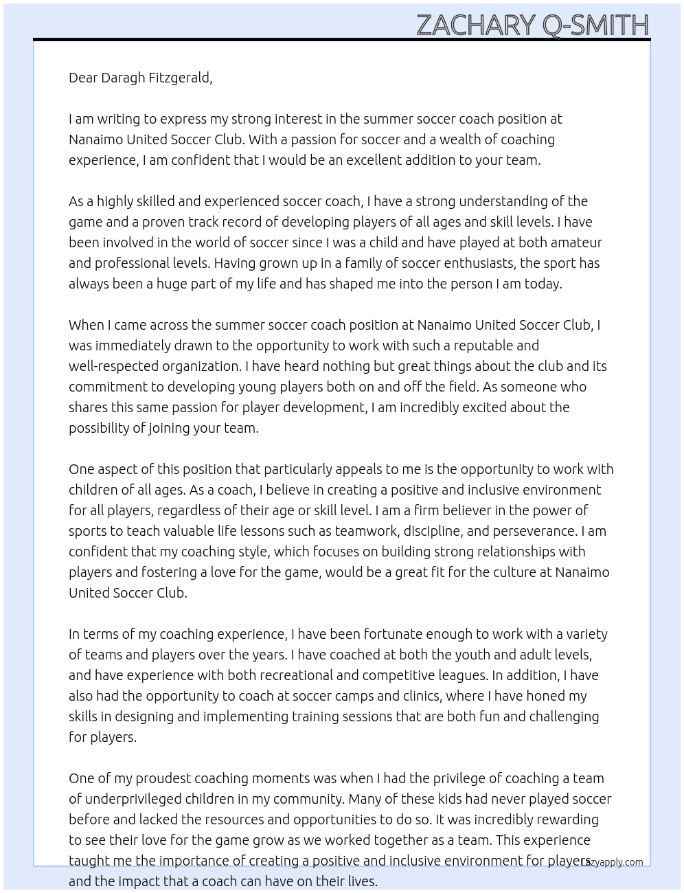 summer soccer coach At Nanaimo United Soccer Club Cover Letter