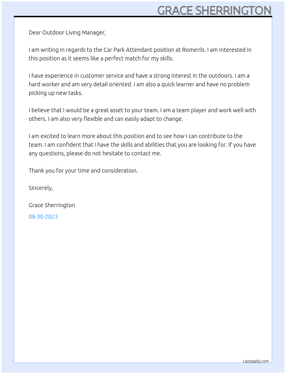 Car Park Attendant At Romerils Cover Letter