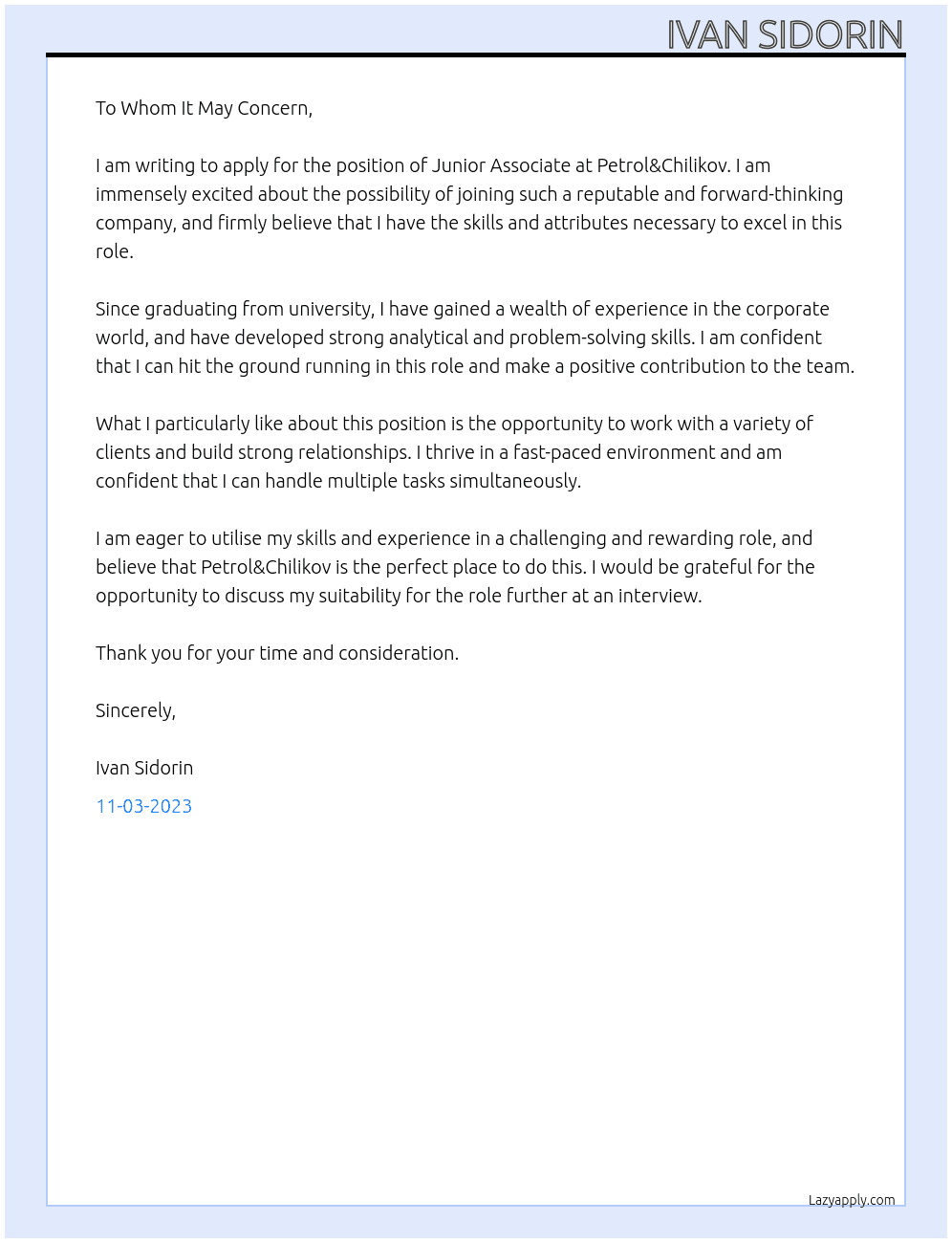 Junior Associate  At Petrol&Chilikov Cover Letter