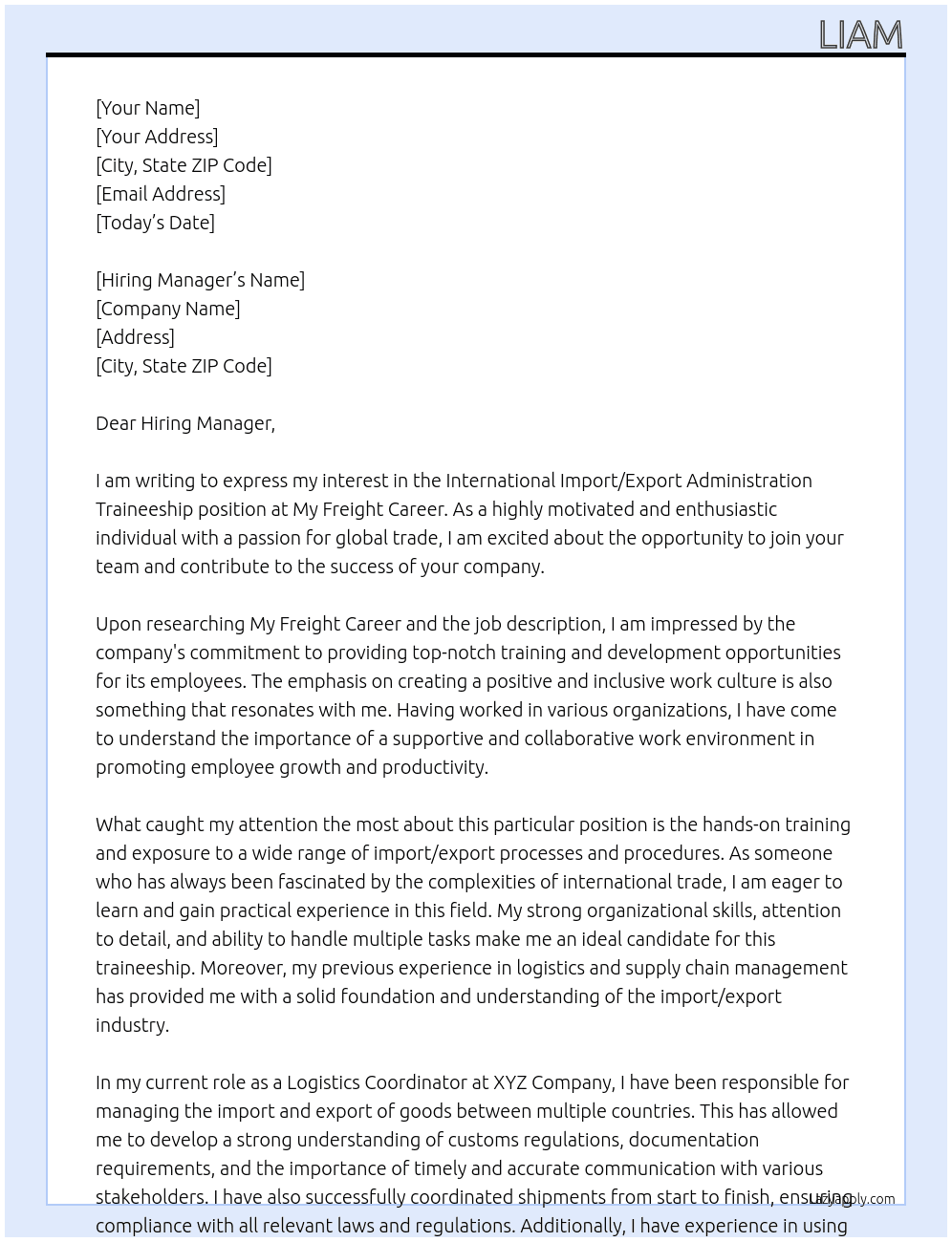 International Import/Export Administration Traineeship  At My Freight Career Cover Letter