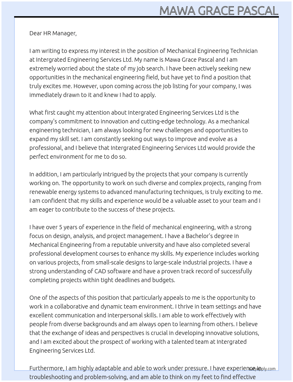 Mechanical engineering Technician At Intergrated Engineering Services Ltd Cover Letter