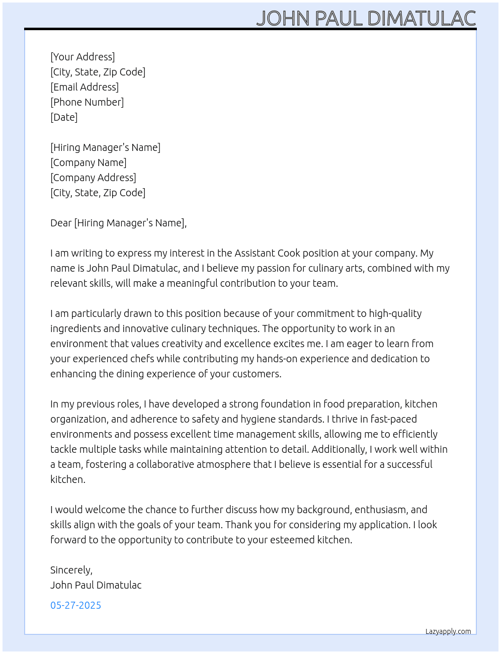 assistant cook At n/a Cover Letter