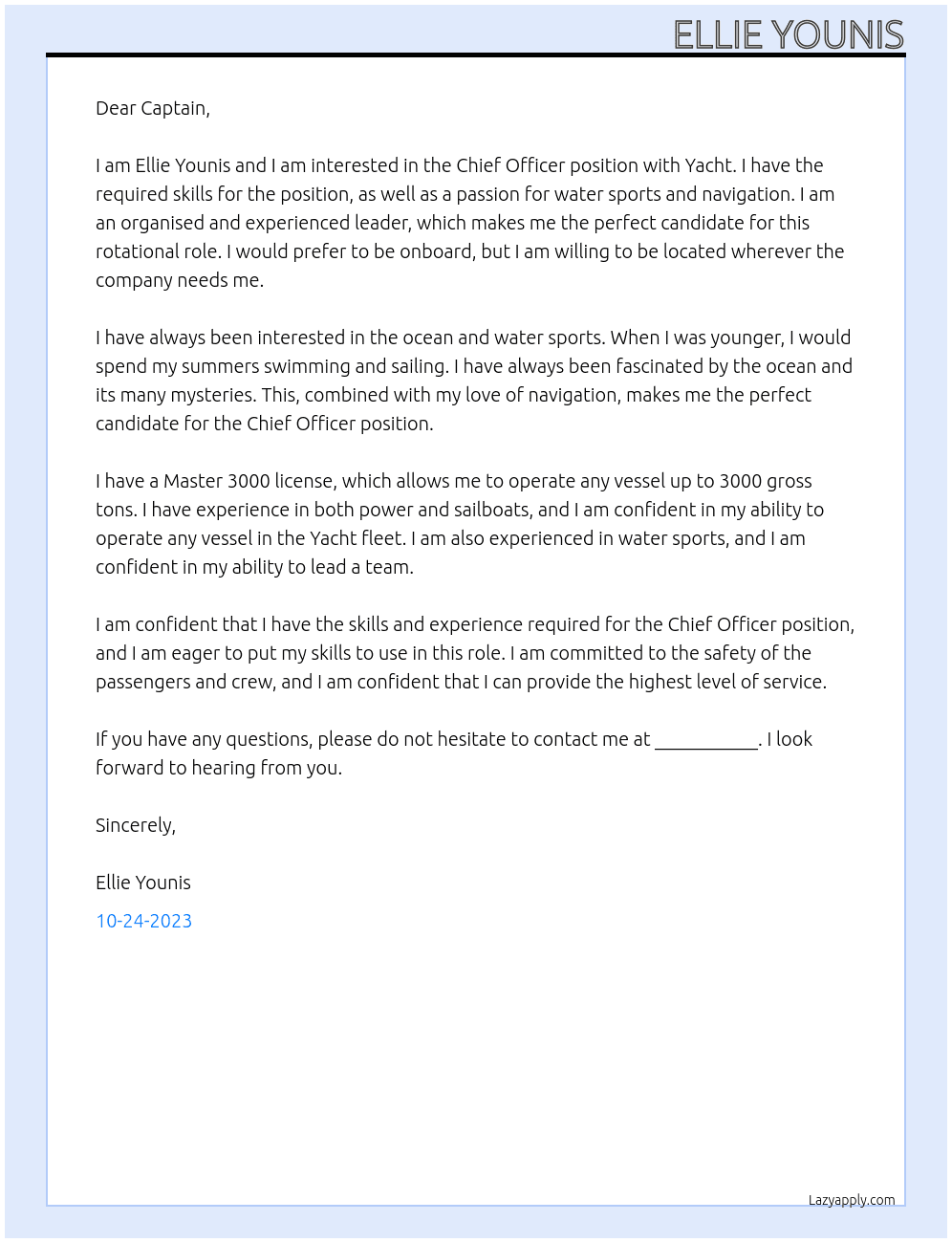Chief Officer  At Yacht Cover Letter