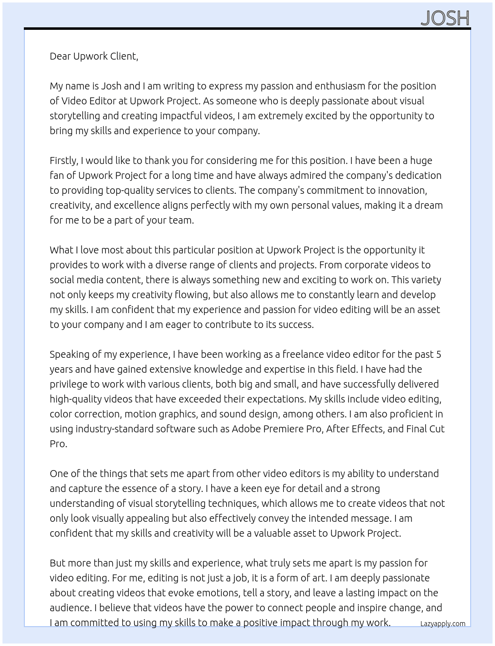 Video Editor At Upwork Project Cover Letter