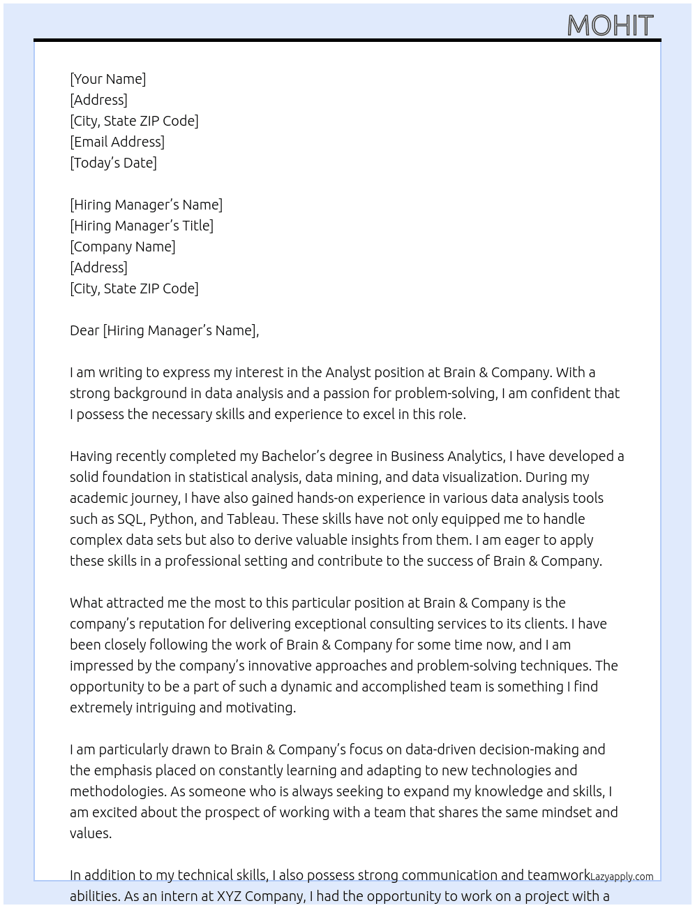 Analyst At Brain & company Cover Letter
