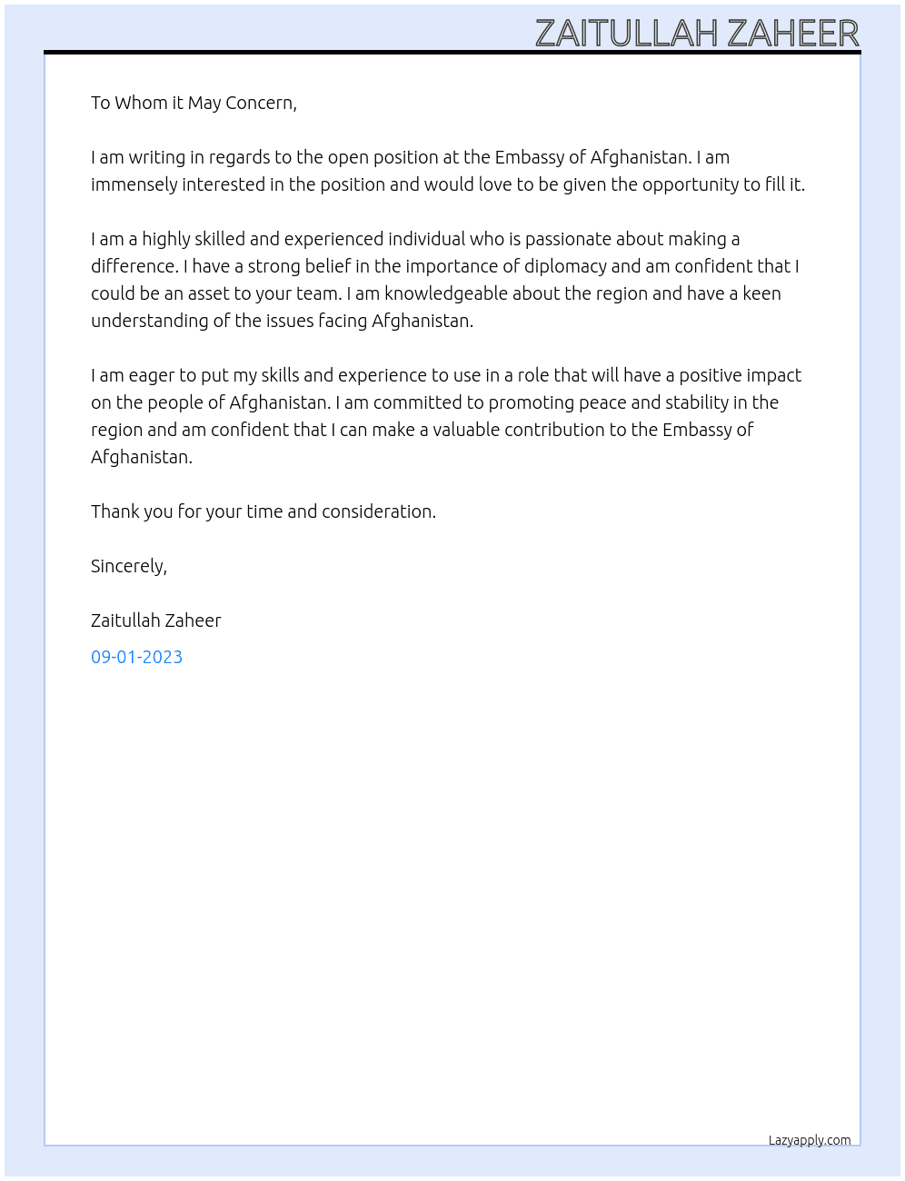 Any job At EMBASSY  Cover Letter