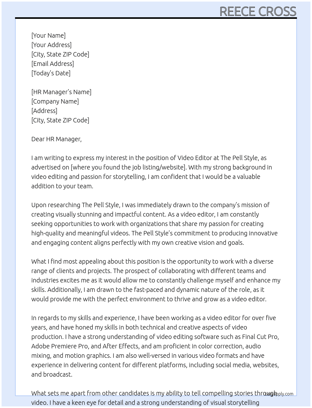 Video Editor At The Pell Style Cover Letter