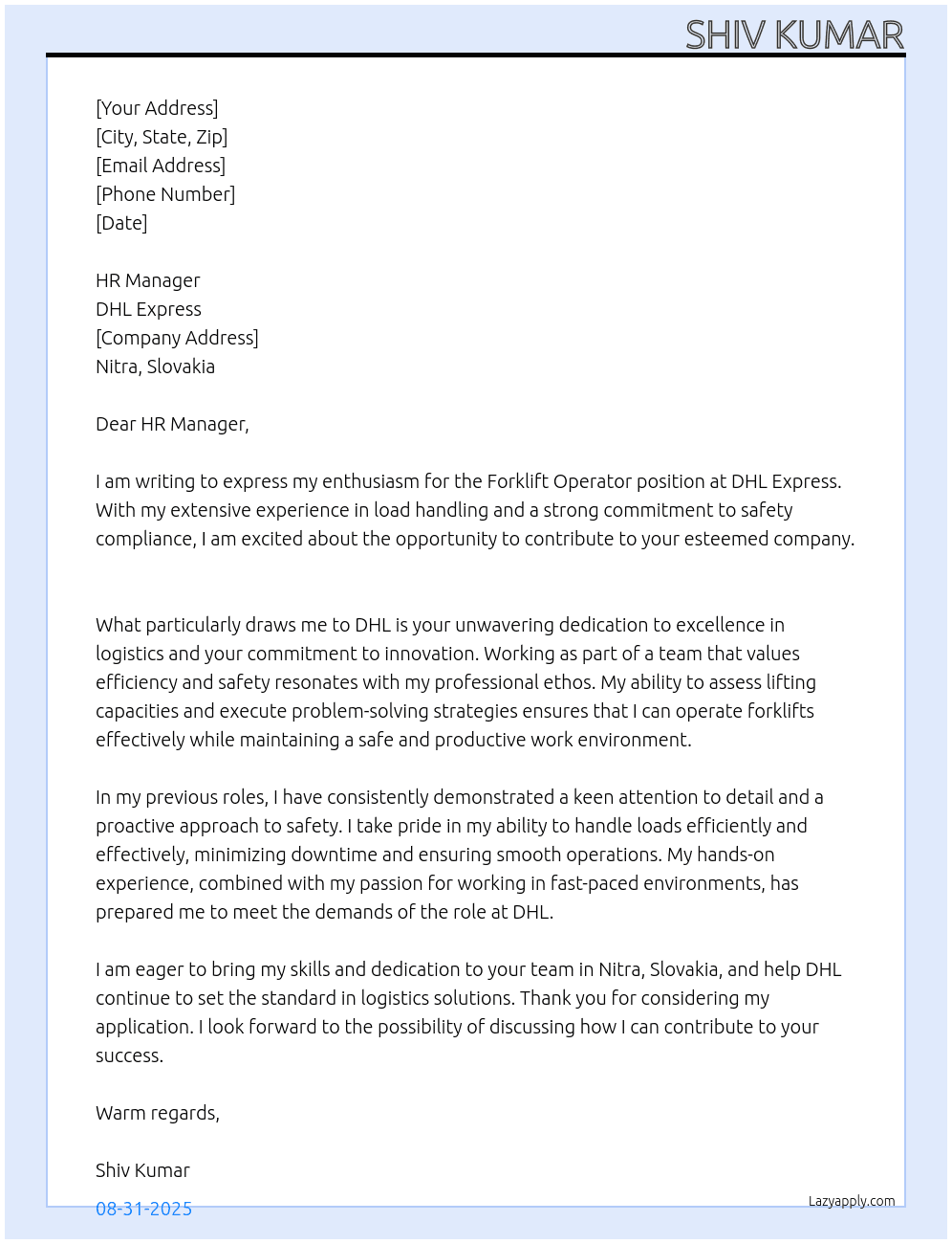 Forklift operator At DHL Express Cover Letter