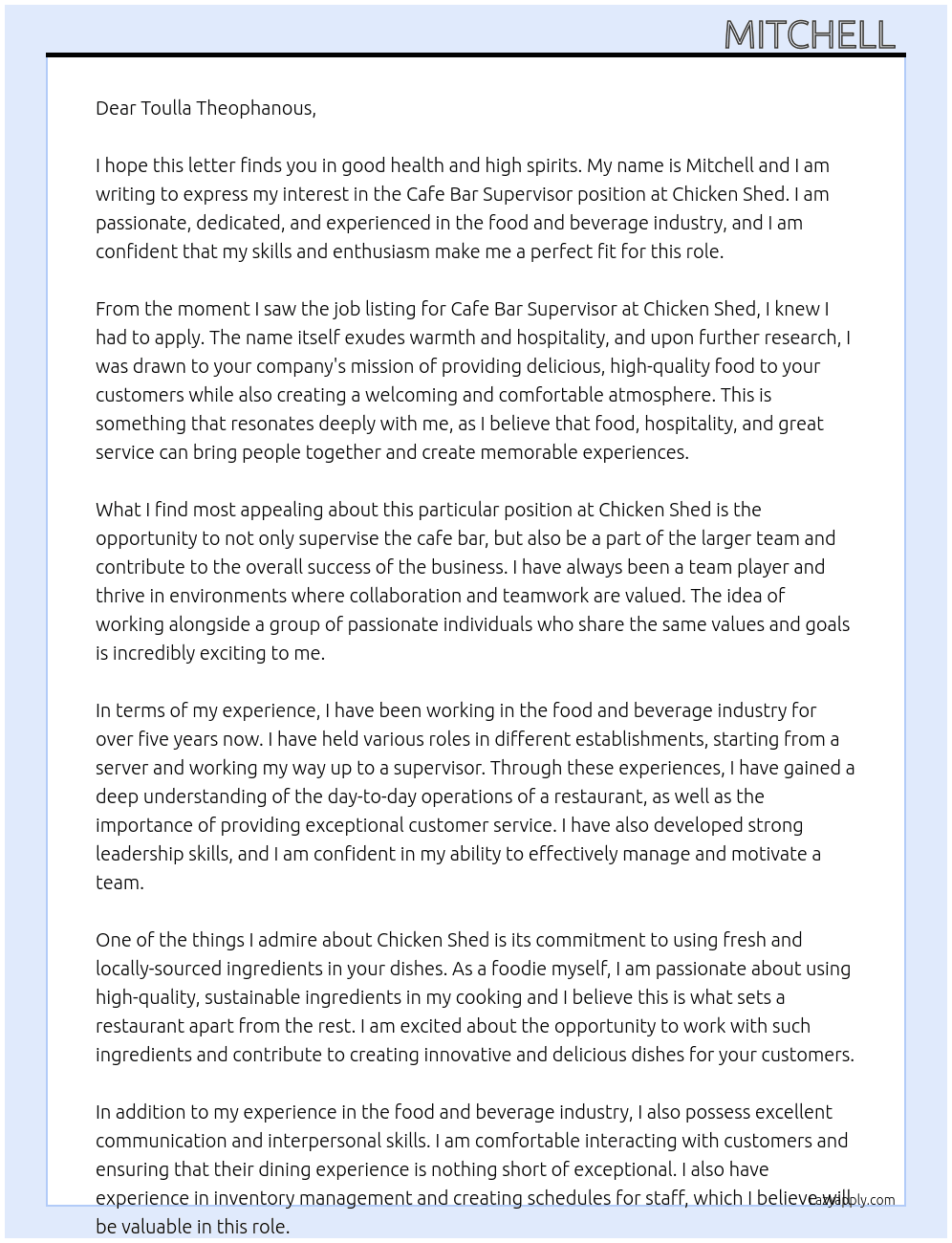 Cafe Bar Supervisor  At Chicken Shed  Cover Letter